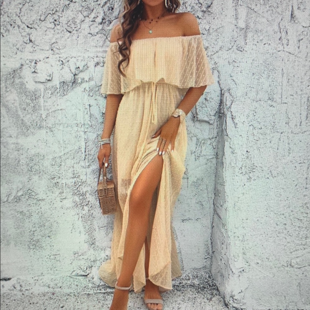 Off-Shoulder Beige Maxi Dress with Ruffle Bodice